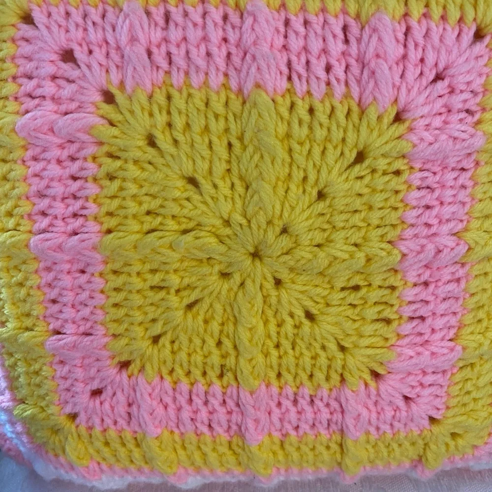 Vintage Hand-Made Knitted/Crocheted Pink, Yellow & White Pillow💛